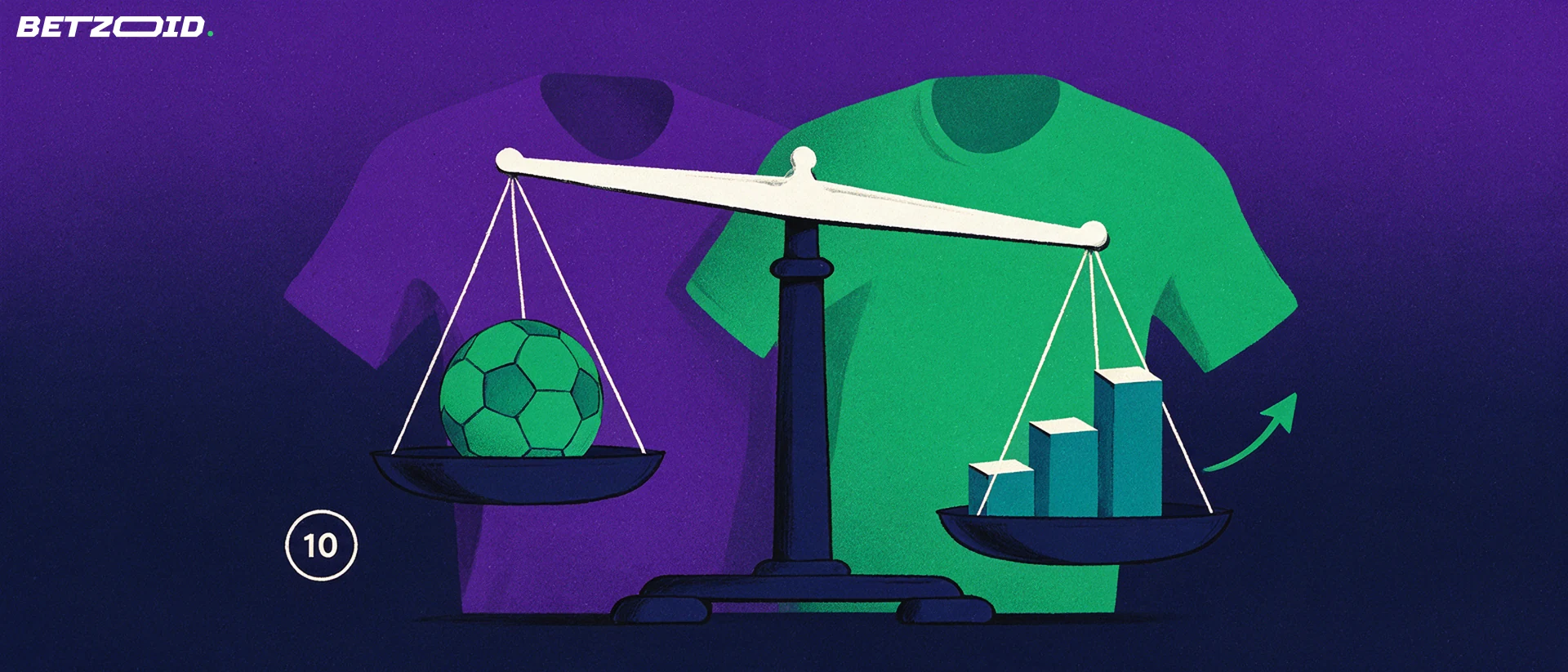 Illustrazione di una bilancia con un pallone da calcio su un piatto e blocchi statistici sull'altro, davanti a due sagome di maglie senza stemmi