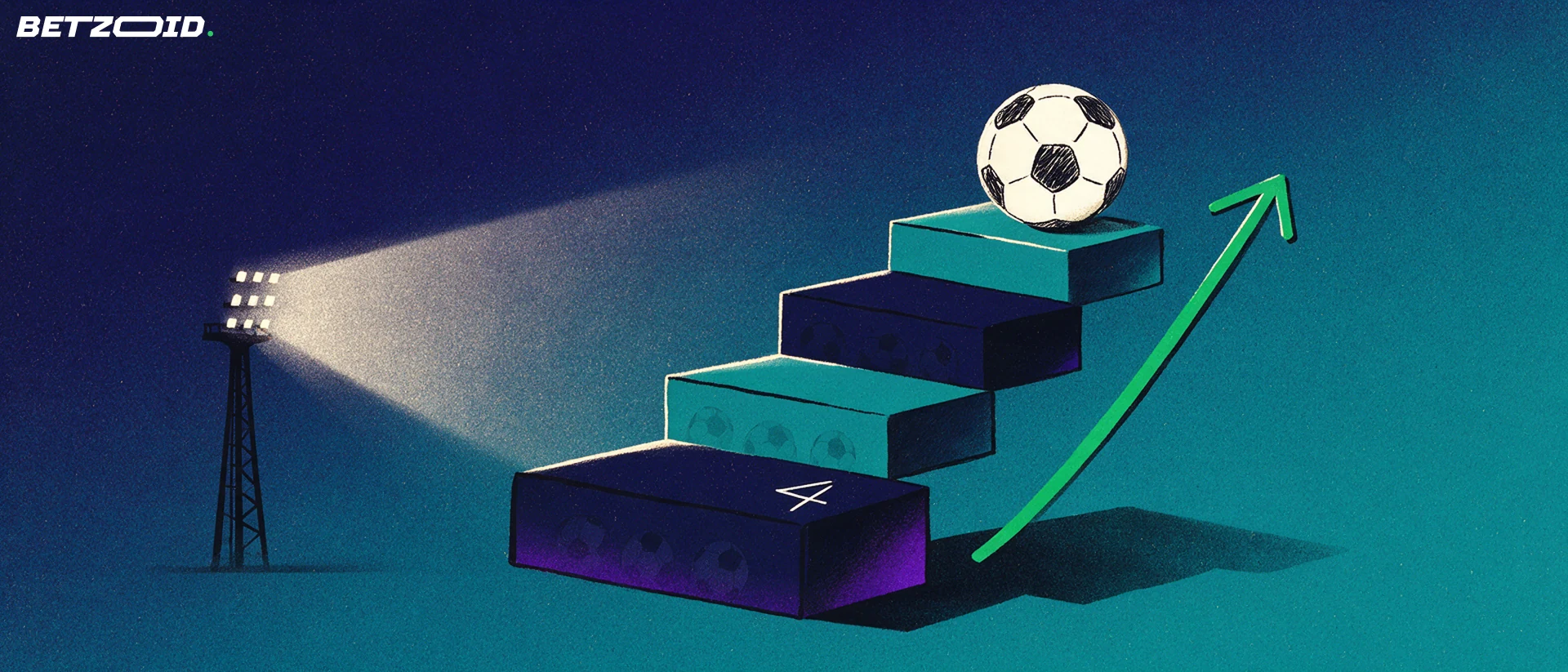 Illustrazione di un pallone da calcio in cima a una scala di quattro gradini con freccia verde ascendente e torre faro accanto