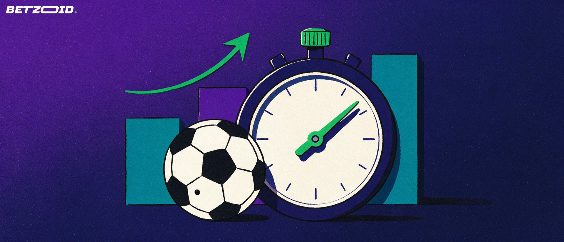 Illustration of a large stopwatch beside a football with rising bars and an upward arrow representing in-play betting odds