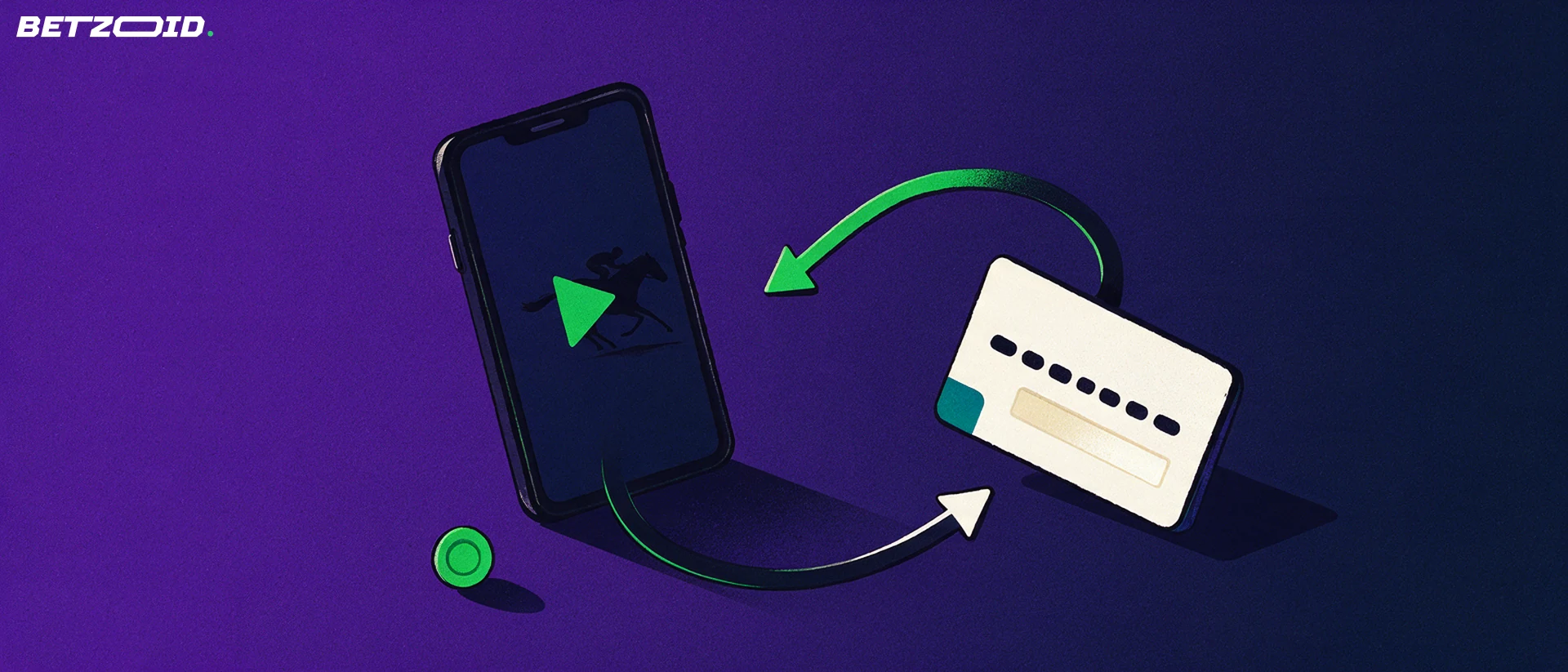 Illustration of a smartphone with sport symbols linked to a bank card by a looping arrow showing deposits and withdrawals