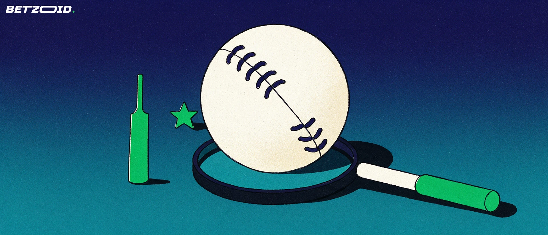 Illustration of a cricket ball on a magnifying glass lens with a bat silhouette and a star marker behind it.