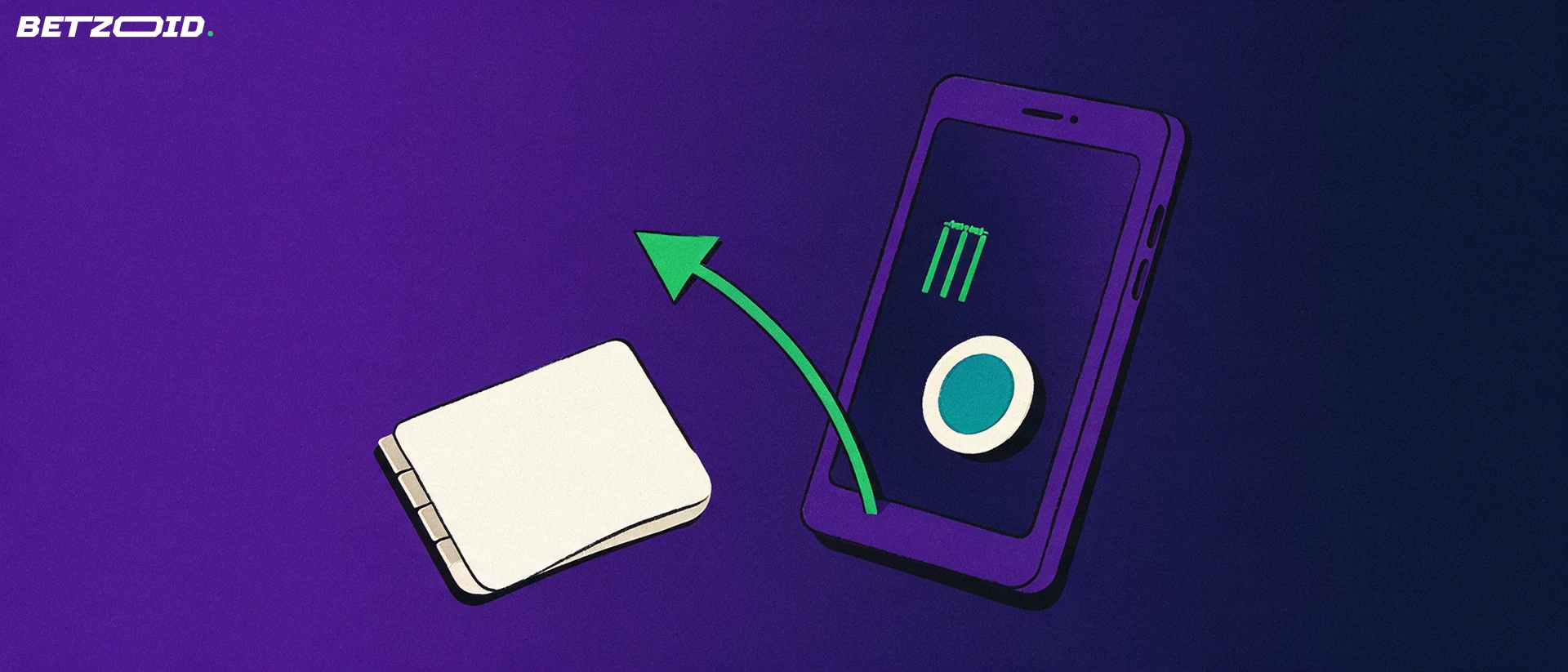 Illustration of a phone showing a cricket wicket and coin symbol with an upward arrow and a flat wallet shape.