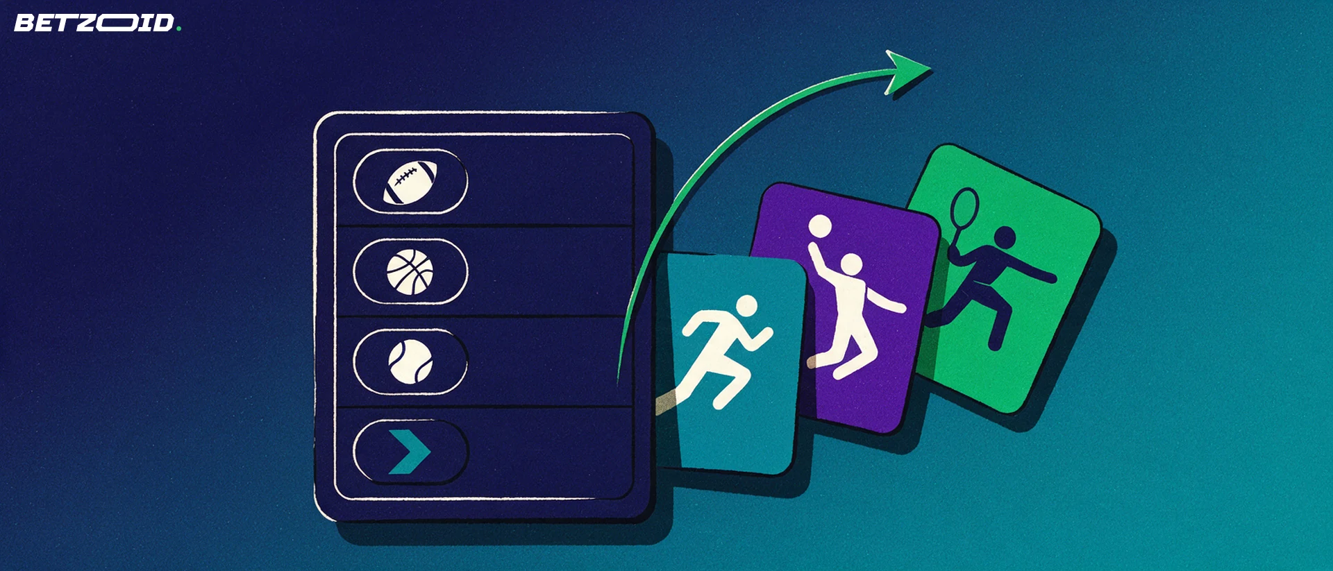 Illustration of an upright betting slip card with football, basketball and tennis icons, backed by fanned sport market cards and a rising green arrow.