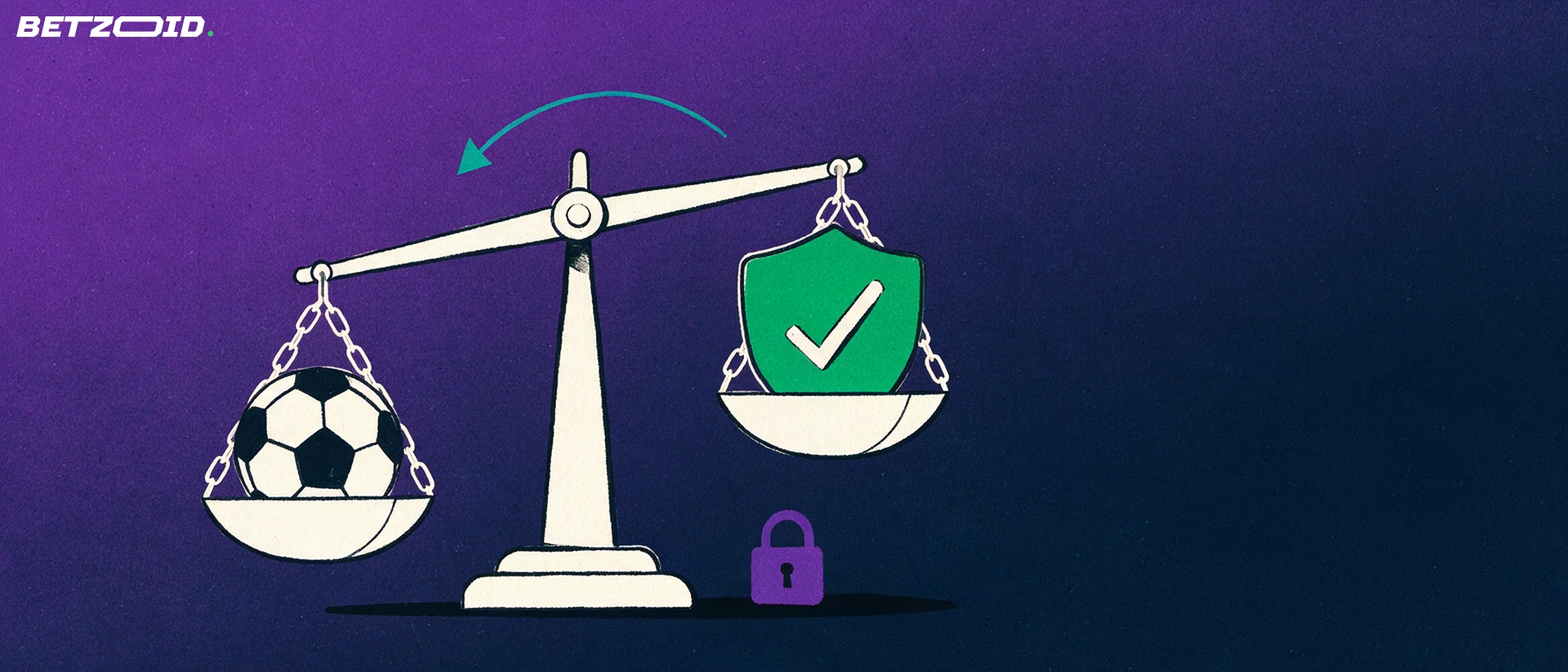 Illustration of balance scales weighing a football against a green shield with a check mark, beside a small padlock.