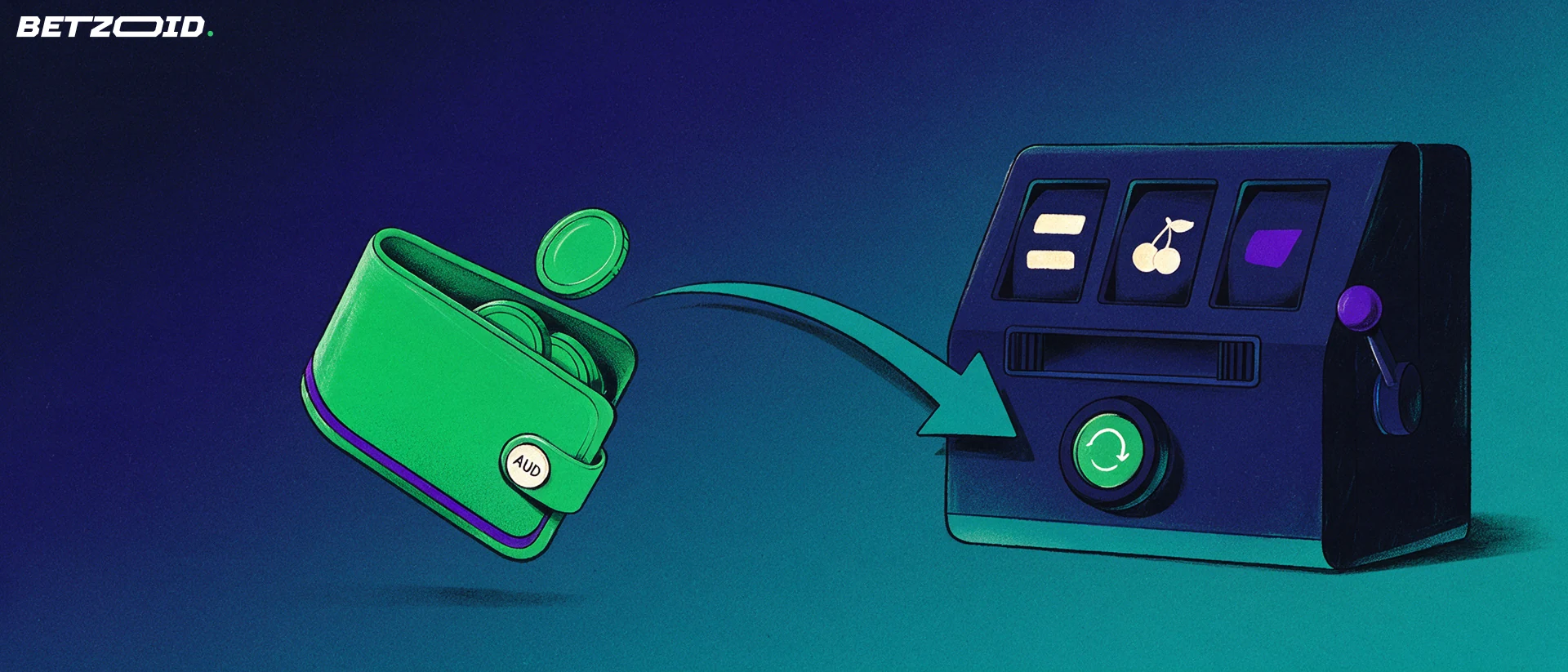 Illustration of an open wallet sending a coin along an arrow into a slot machine with a spin button, showing a deposit-based casino bonus claim.