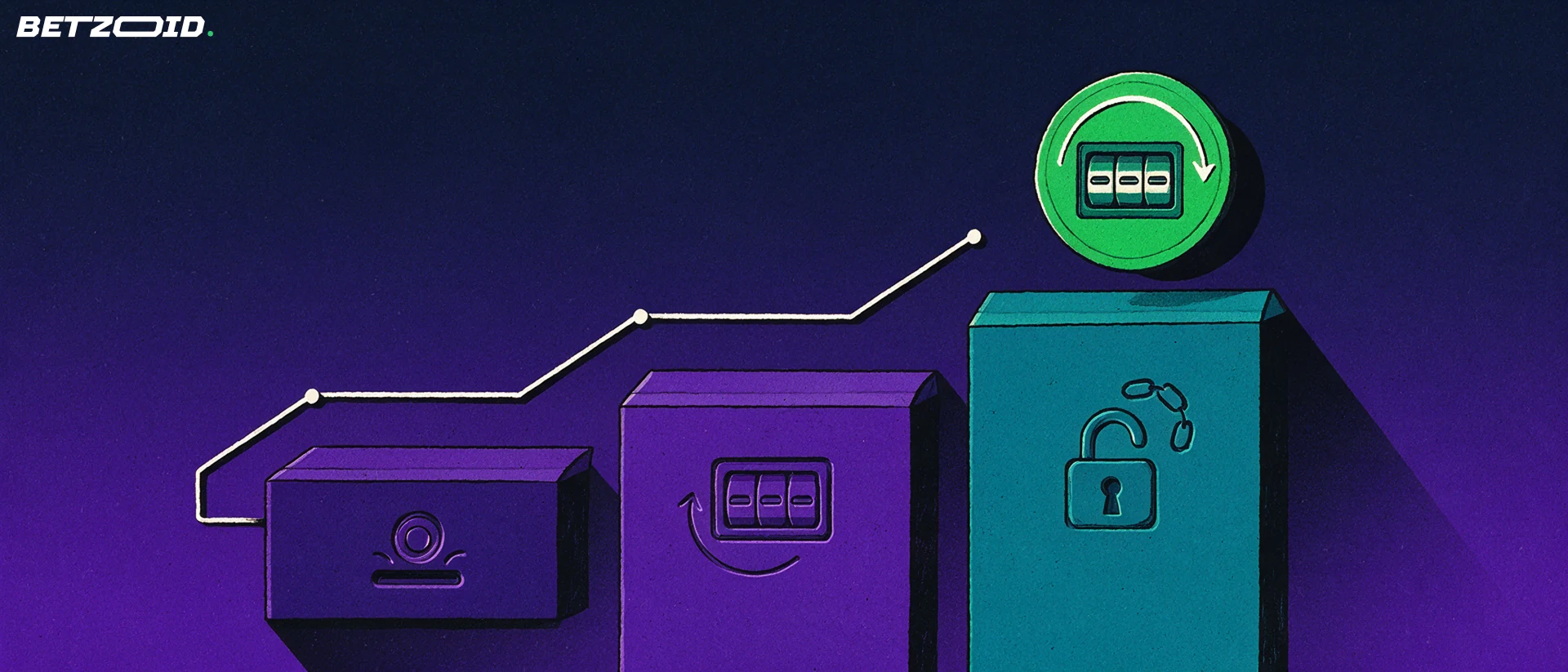 Illustration of three ascending steps marked with coin, spin and unlocking padlock icons beneath a large free-spin token, representing casino bonus claiming steps and conditions.