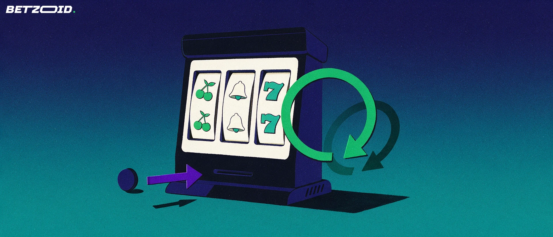Illustration of a slot machine with three symbols, a circular spin arrow and a coin sliding into the coin slot