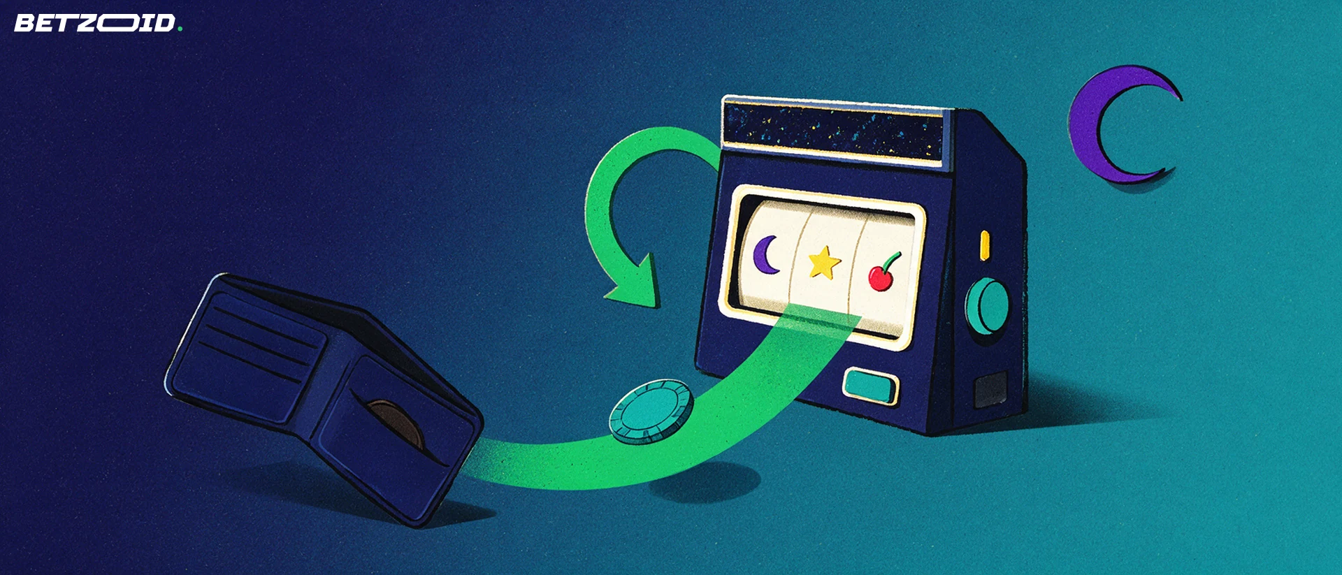 Illustration of a chip rising from an open wallet along a green arc into a slot machine reel window with a circular spin arrow.