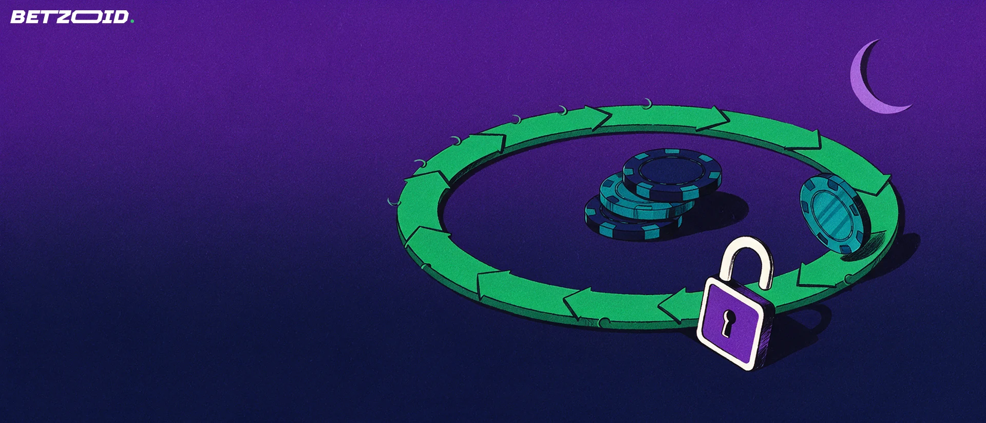 Illustration of a casino chip circling a ring of green arrows around a small chip stack, ending at a half-open padlock.