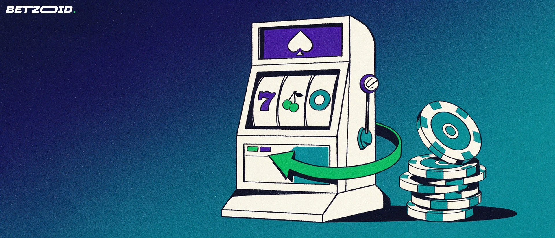 Illustration of a slot machine with a looping spin arrow beside a stack of casino chips