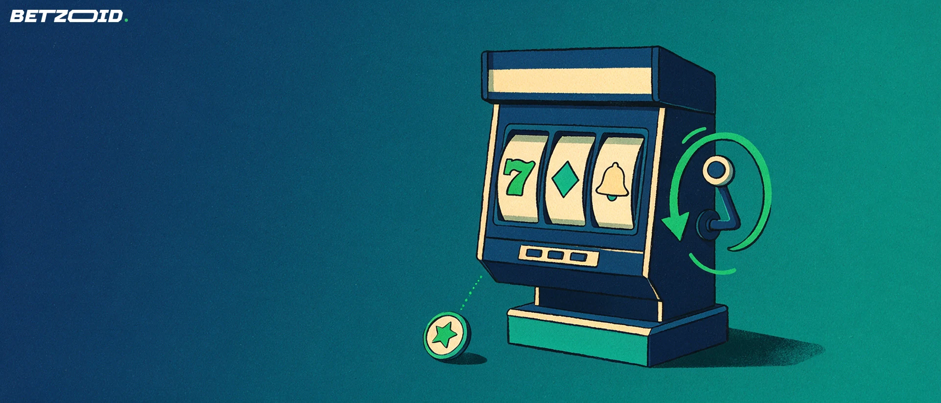Illustration of a slot machine with three symbol reels, a circular arrow around its spin handle and a small star token at its base.