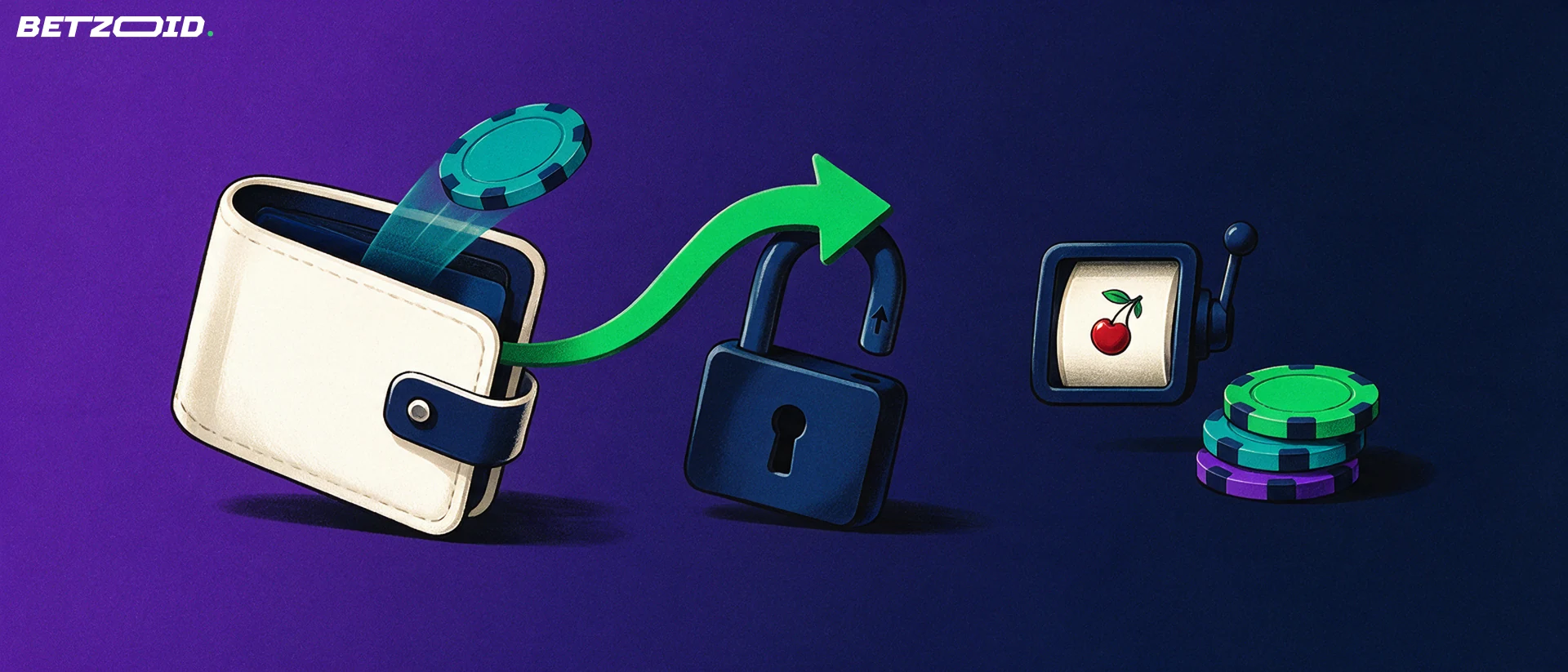 Illustration of a wallet releasing a chip along an arrow through an opening padlock toward a stack of casino chips and a small reel window.