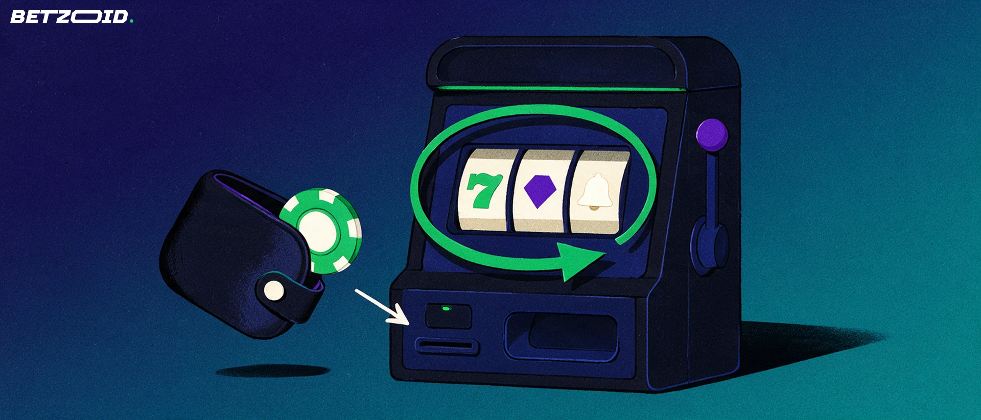 Illustration of a slot machine with a circular spin arrow beside a wallet sliding one chip toward it