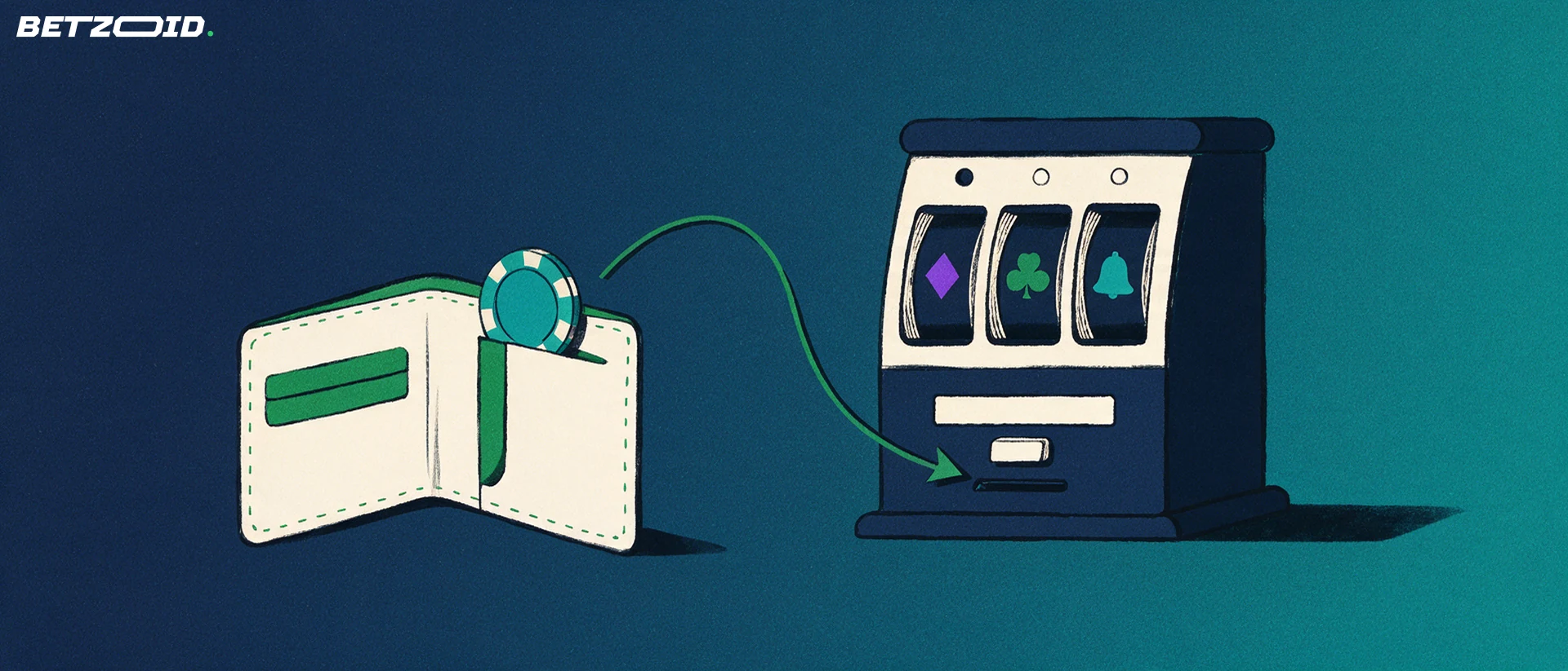 Illustration of a wallet releasing a casino chip, with an arrow leading into a three-reel slot machine