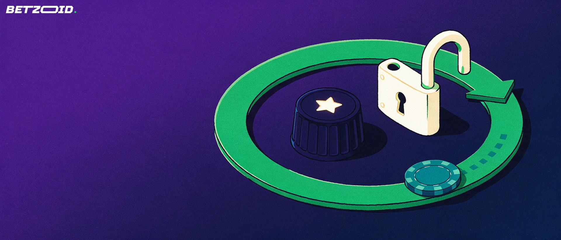 Illustration of a chip circling a looped arrow track around a slot reel drum and an open padlock, suggesting bonus play-through conditions
