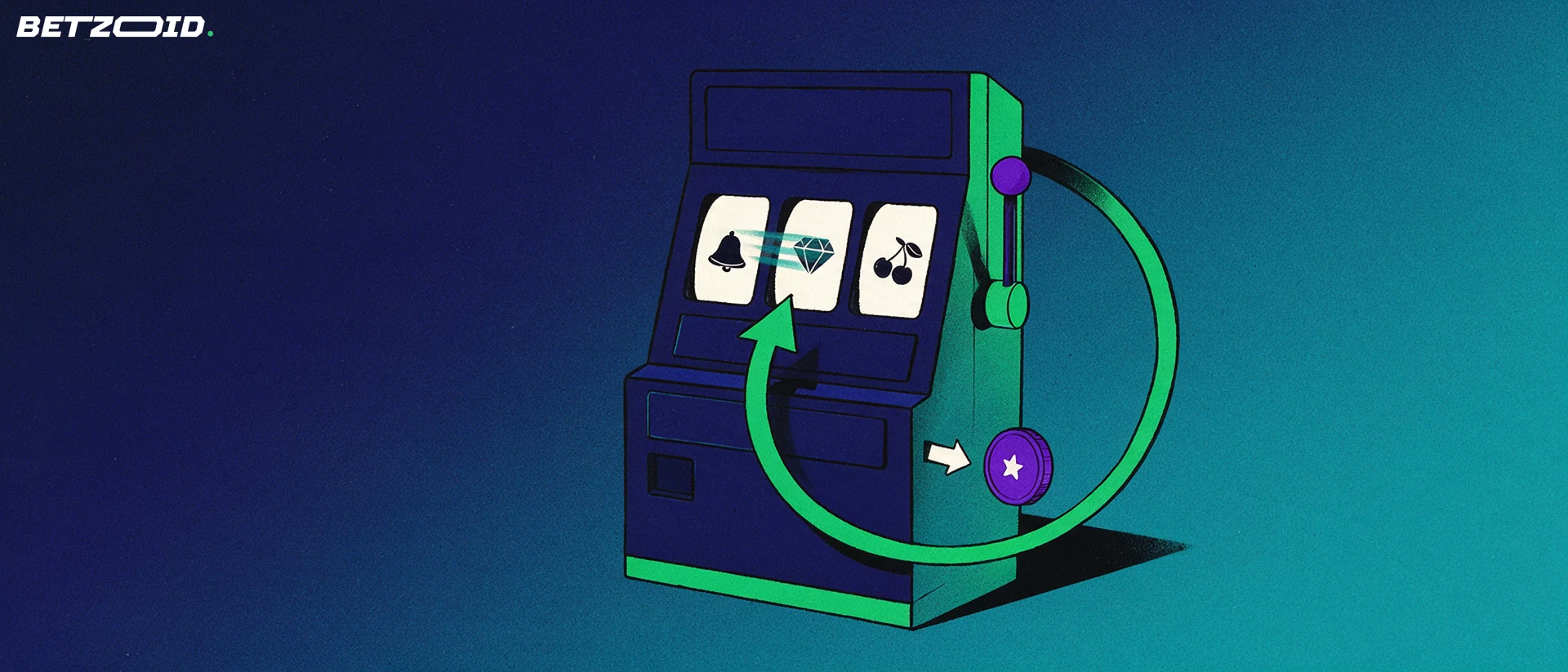 Illustration of a slot machine with three reel symbols, a large curved spin arrow and a bonus token about to enter the coin slot.