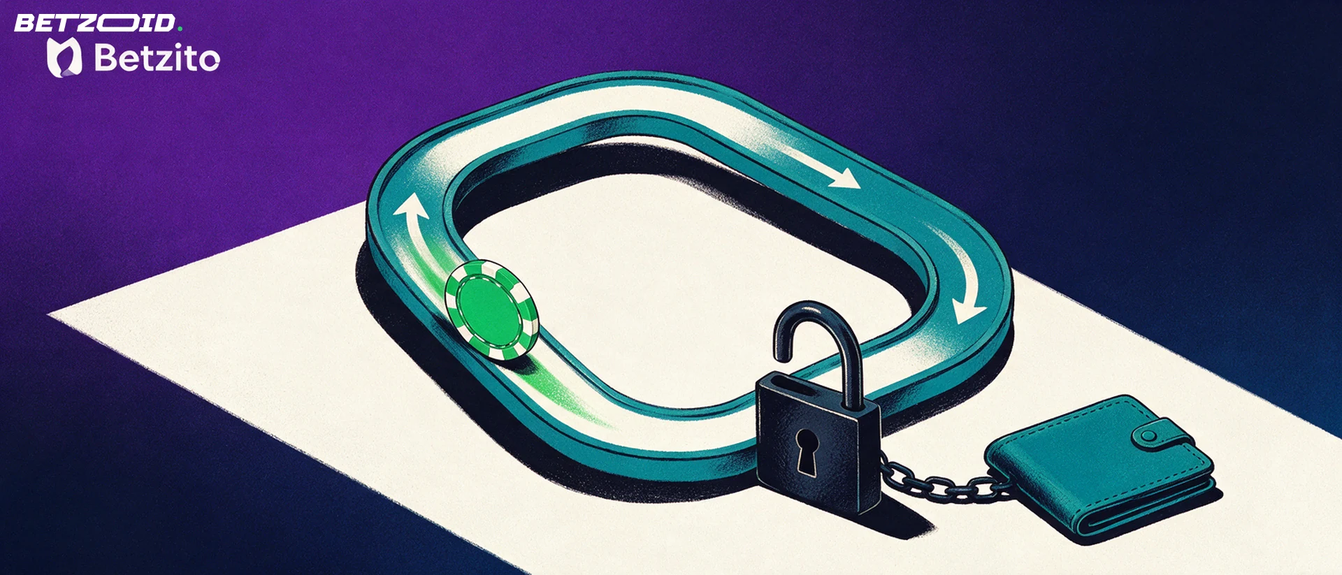 Illustration of a casino chip travelling around a looping track with arrows toward an opening padlock and a closed wallet.