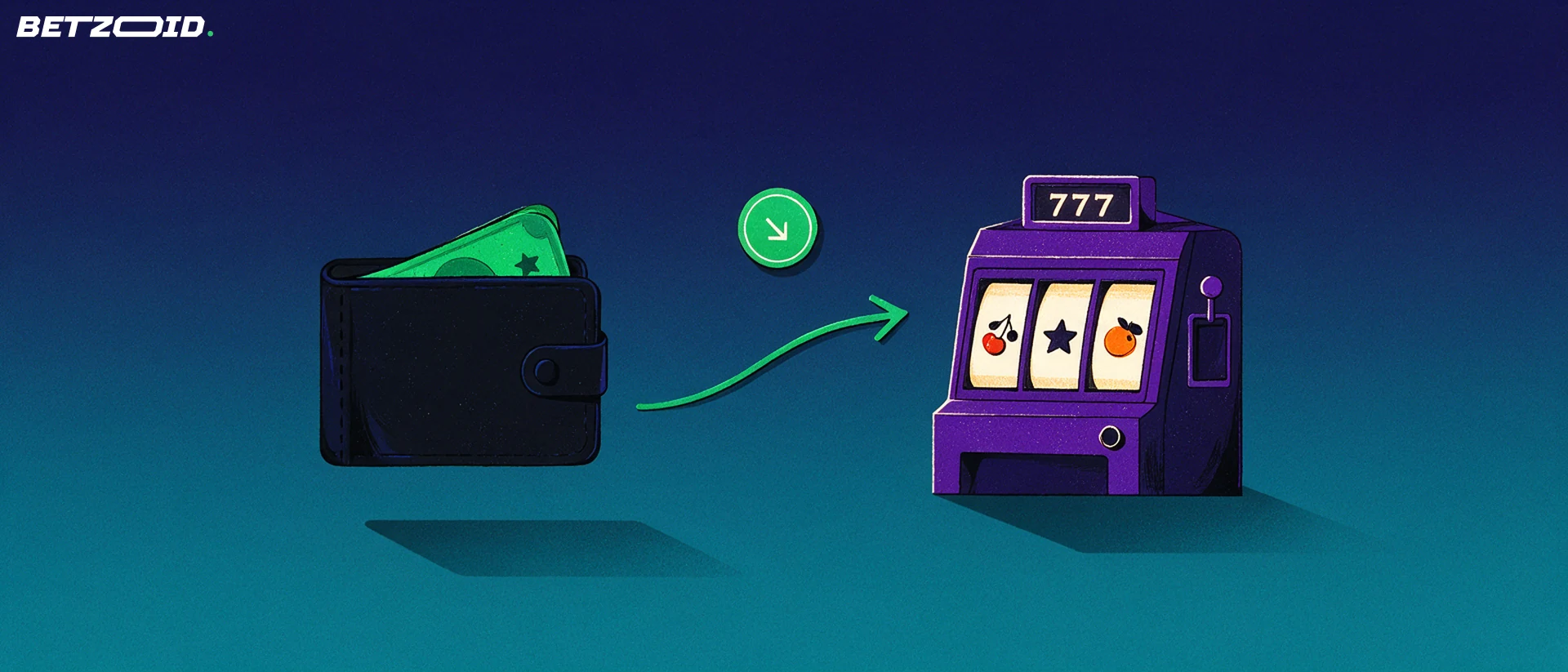 Illustration of a wallet with an arrow leading to a slot machine with a spin button, showing a deposit step before casino bonus play