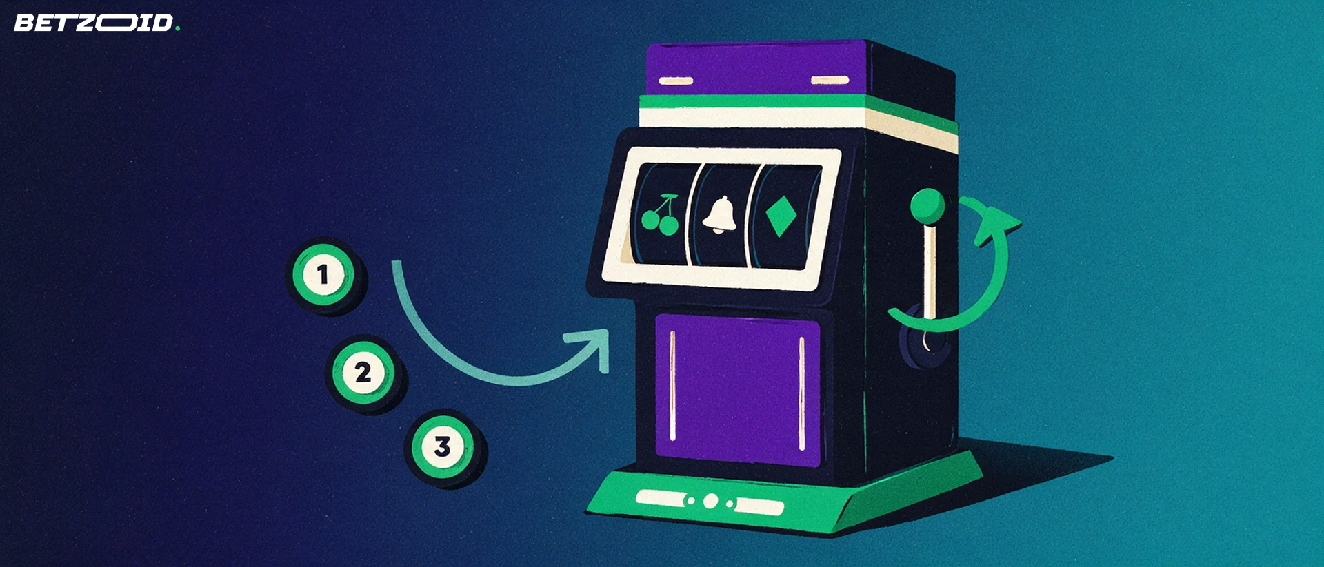 Illustration of a slot machine with a spin arrow and three numbered step markers leading to its reels