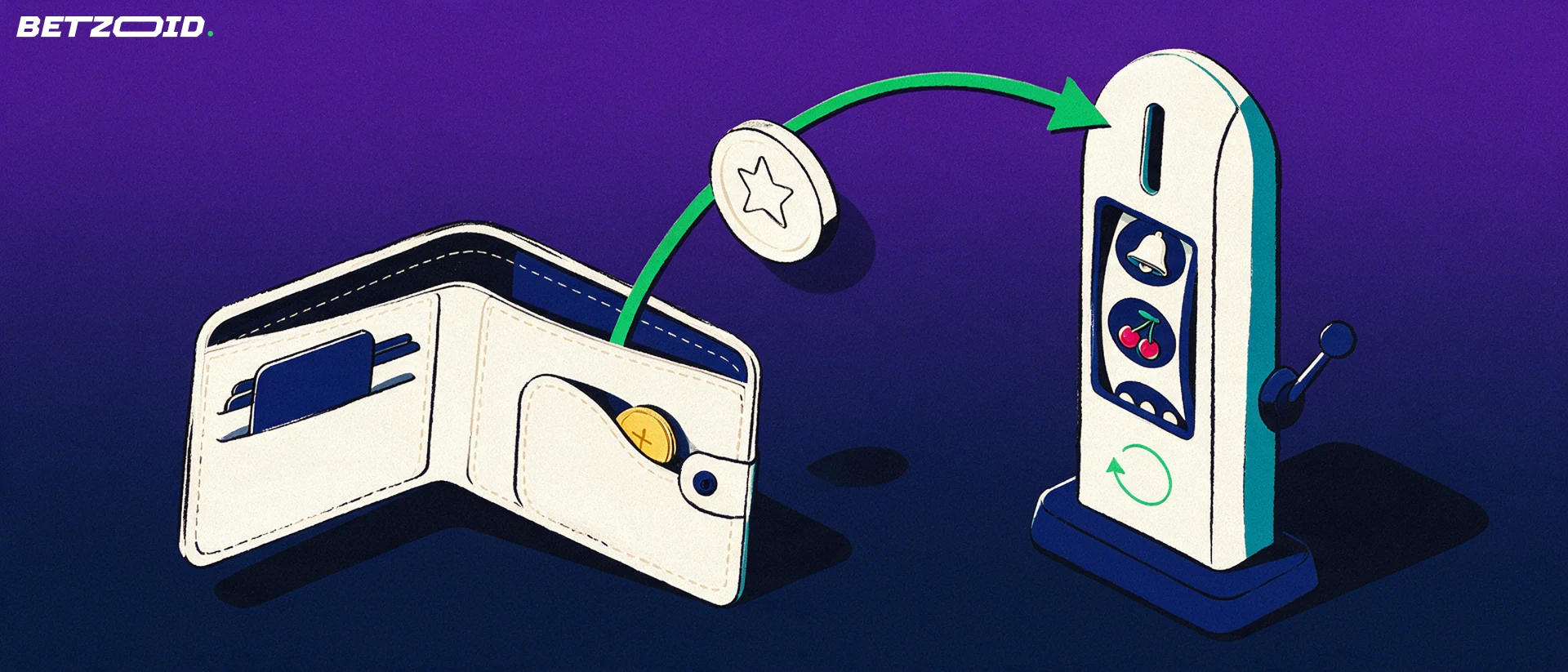 Illustration of a wallet sending a coin along an arrow into the coin slot of a spinning slot reel