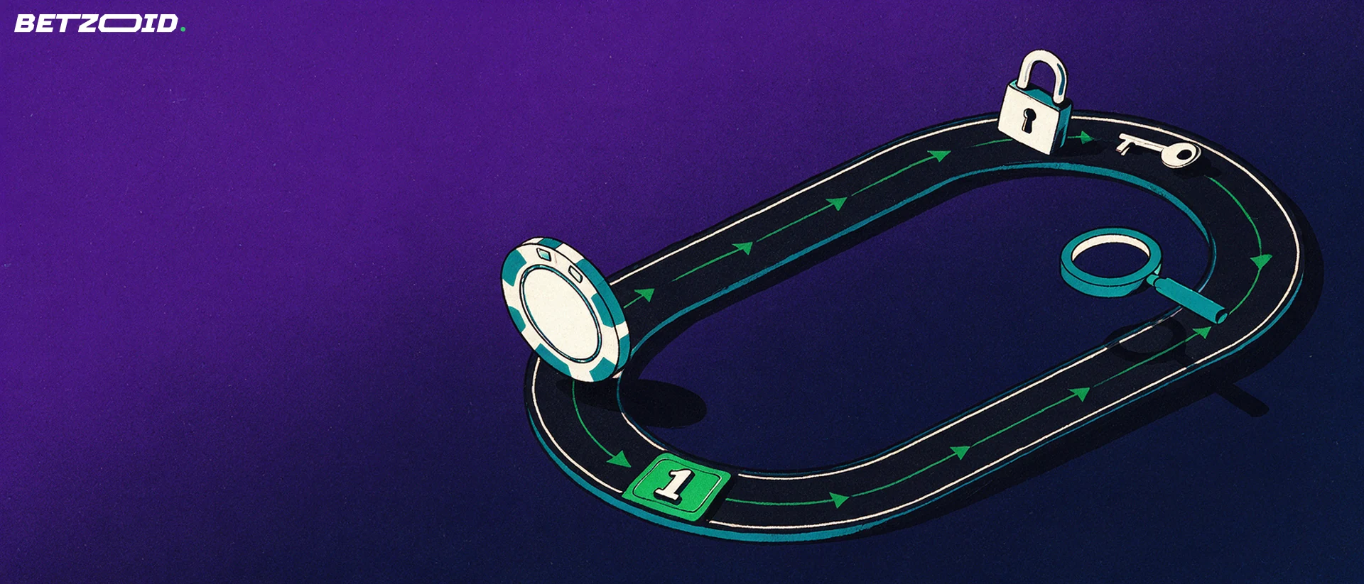Illustration of a casino chip moving around a looping arrow track past a half-open padlock and a magnifying glass