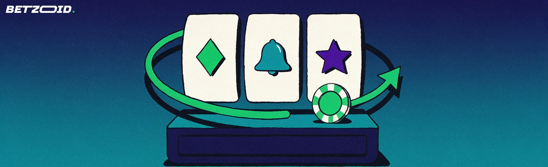 Illustration of three slot reels with simple game symbols encircled by a large spin arrow, with one casino chip beside them.