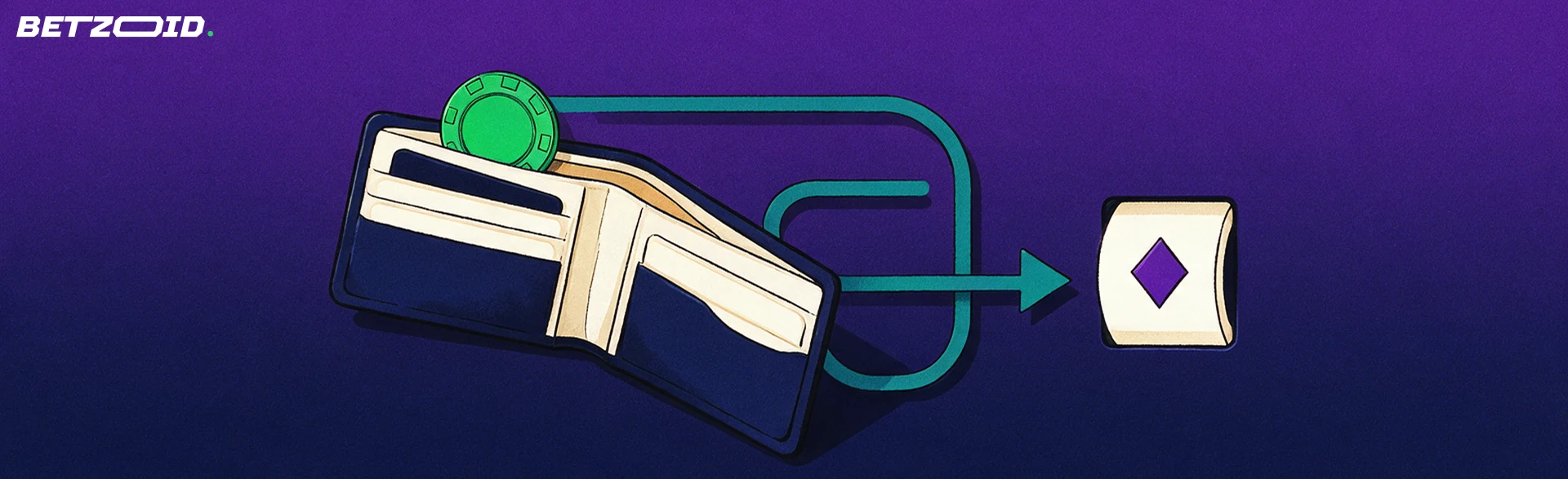 Illustration of an open wallet releasing a casino chip that follows a looping arrow toward a small slot reel window.