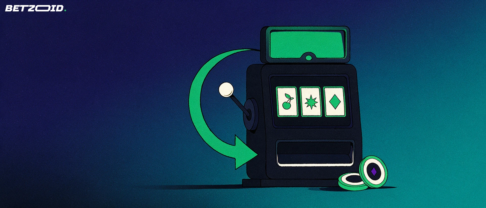 Illustration of a slot machine with three reel symbols and a curved arrow around its lever, with two casino chips at its base.