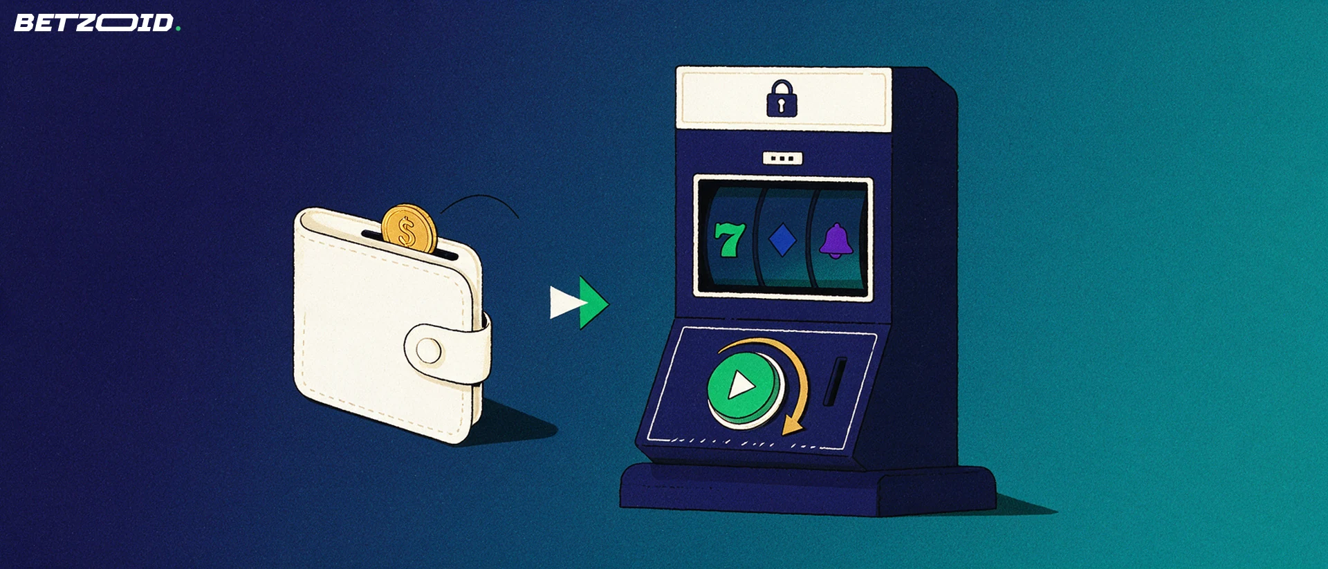 Illustration of a slot machine with a circular spin arrow beside a wallet dropping a coin, linked by an arrow.