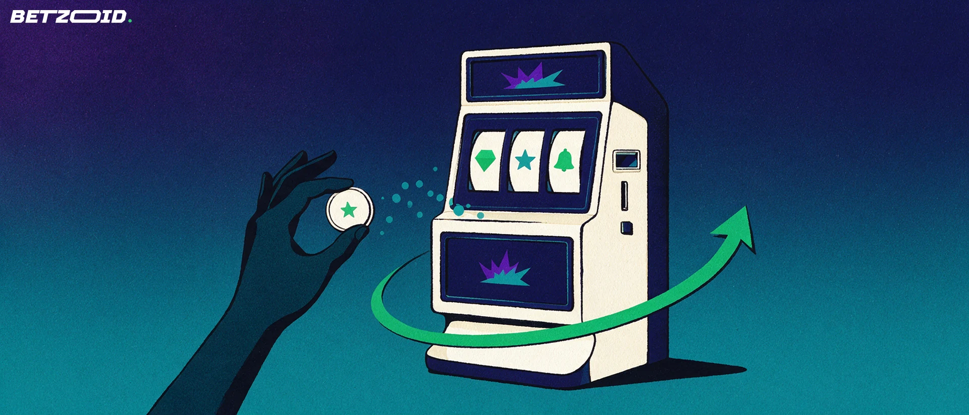 Illustration of a slot machine with three reels, a large curved spin arrow and a hand dropping a star-marked bonus token into the coin slot.