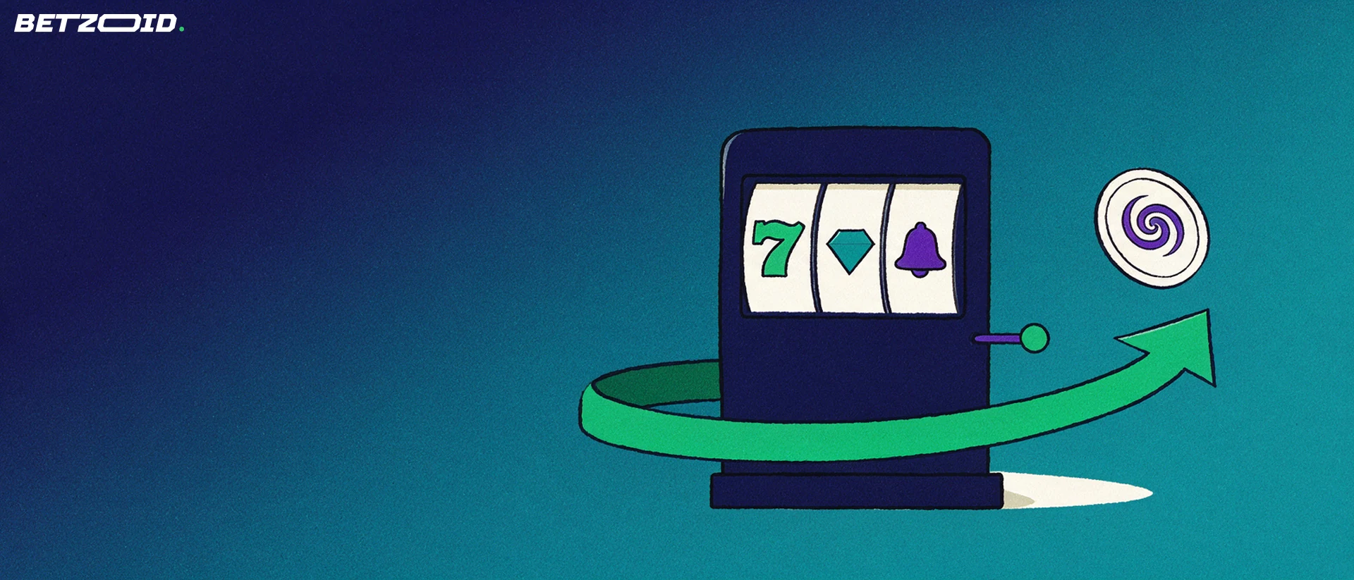 Illustration of a slot machine with three reel symbols encircled by a large green spin arrow and a round spin token