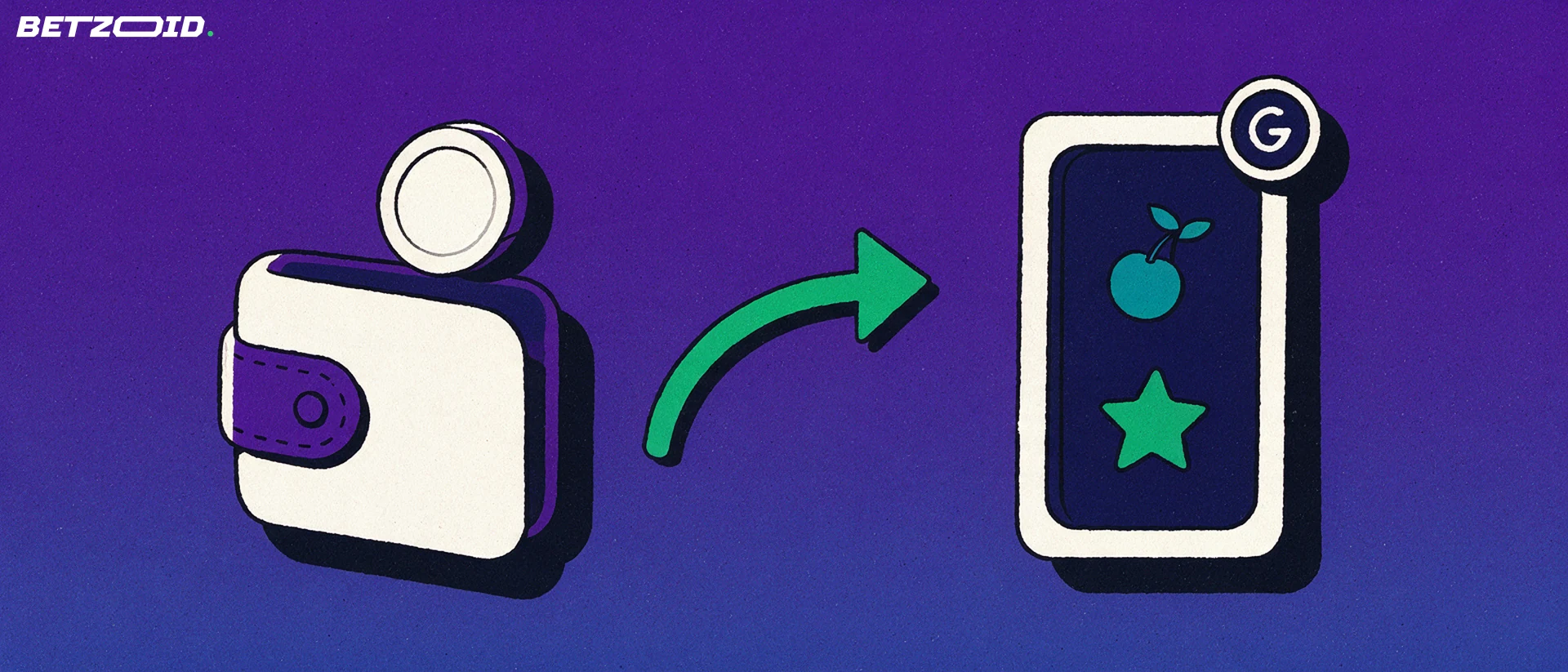 Illustration of a wallet with a coin and a green arrow pointing to a slot reel panel with game symbols