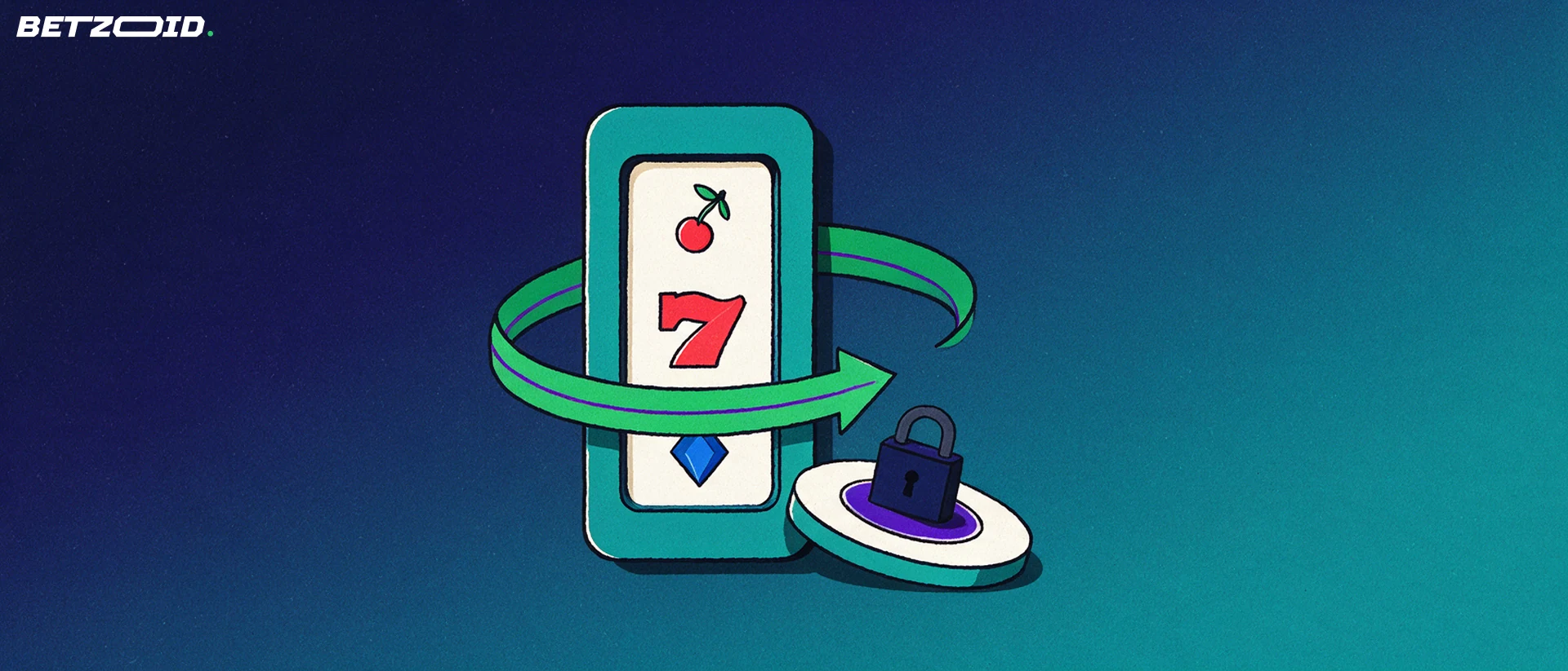 Illustration of a slot reel encircled by a looping arrow leading to a small padlock on a betting token, suggesting play-through conditions.