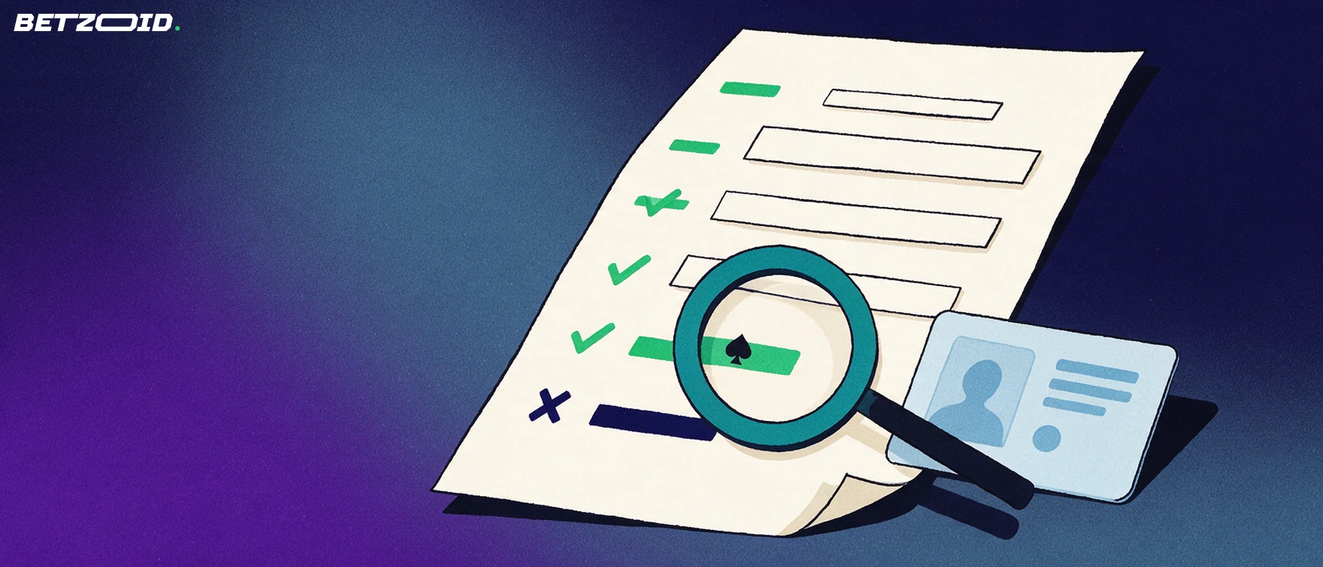 Illustration of a blank rules document with tick and cross marks, a magnifying glass inspecting one line and an identity card leaning beside it.