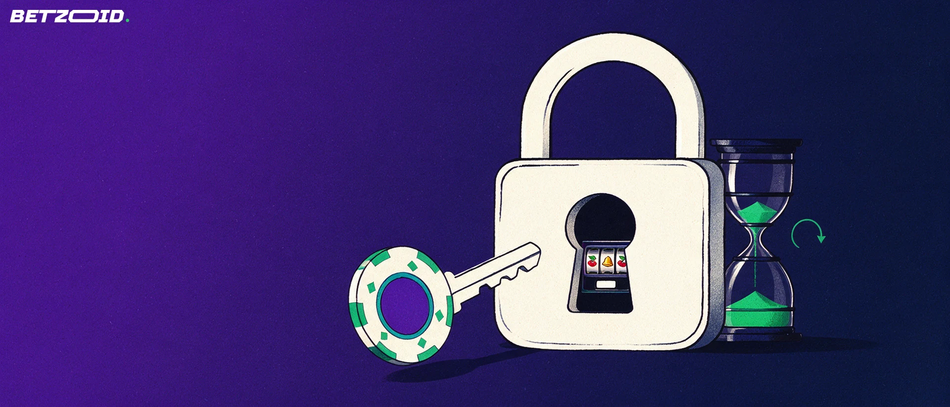 Illustration of a large padlock with slot reel symbols in its keyhole, a key shaped like a casino chip and an hourglass with green sand.