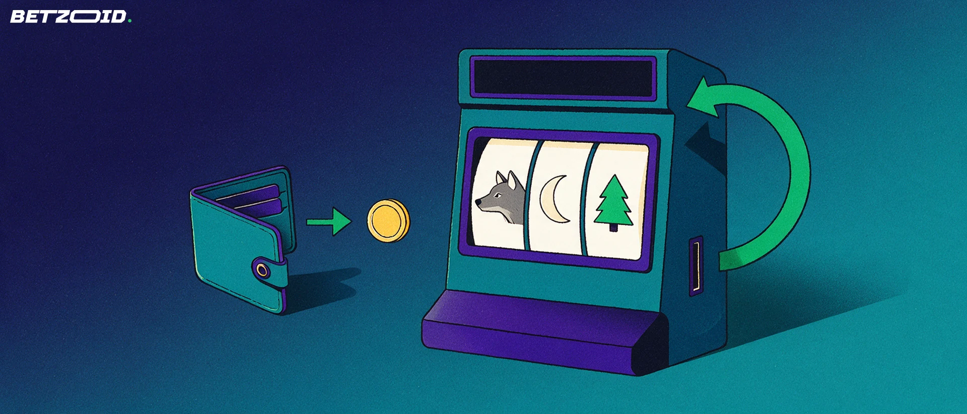 Illustration of a slot machine with wolf, moon and tree reel symbols, a circular spin arrow, and a coin moving from a wallet into the coin slot.
