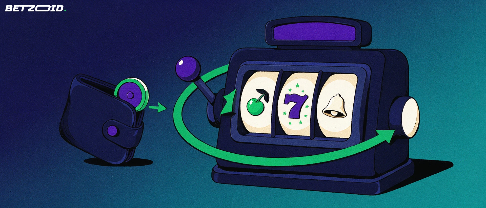 Illustration of a slot machine with a circular spin arrow beside a wallet dropping a coin token toward the reels.