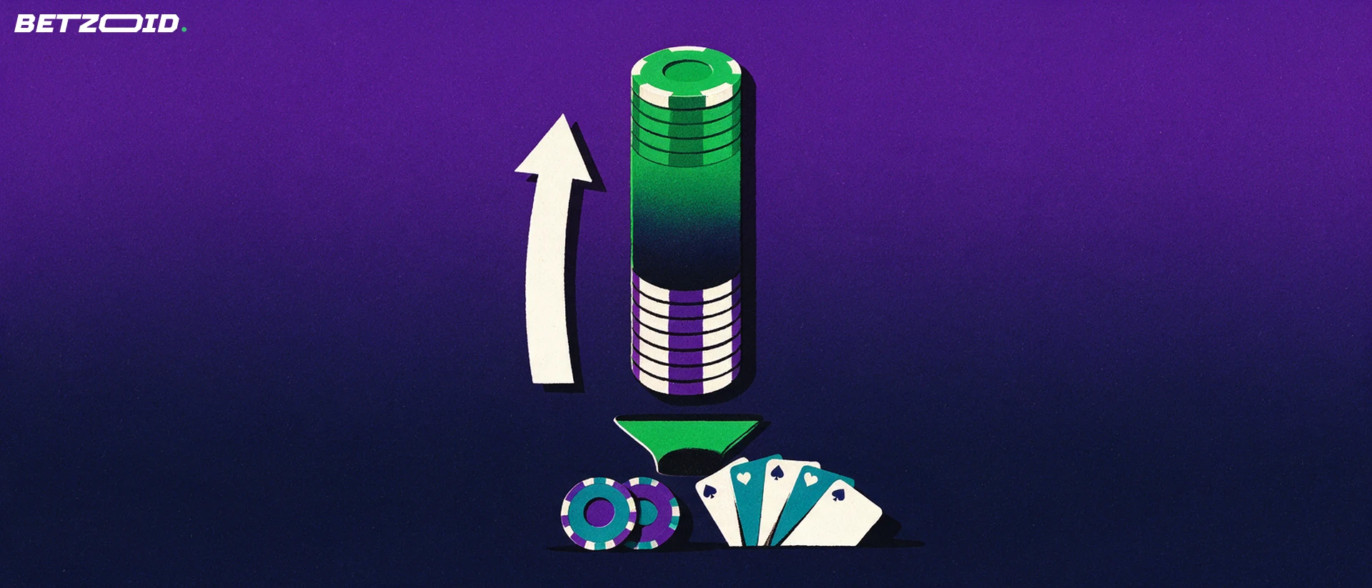 Illustration of a chip-shaped progress column filling with green, with casino chips and cards feeding it from below and an upward arrow alongside.