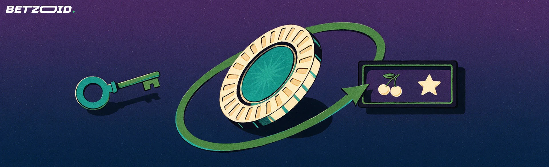 Illustration d'un jeton de casino entouré d'une flèche verte, d'une clé et d'une fenêtre de rouleaux, évoquant l'activation d'une offre de bonus.