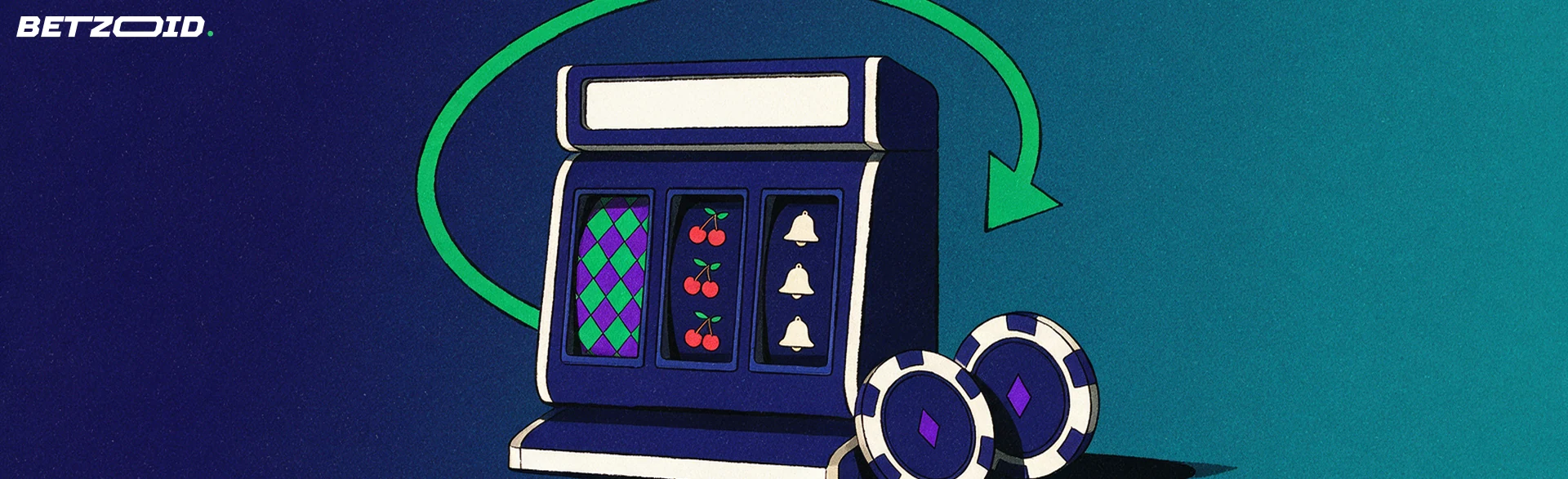 Illustration d'une machine à sous à trois rouleaux avec symboles en losanges d'arlequin, une grande flèche circulaire de rotation et deux jetons de casino.