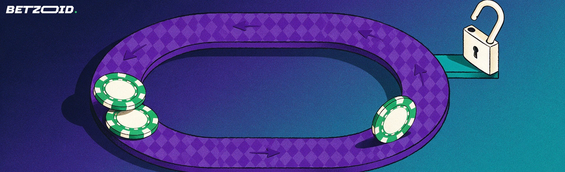 Illustration d'un jeton de casino parcourant une boucle ornée de losanges jusqu'à un cadenas qui s'ouvre, évoquant les conditions de mise à remplir.