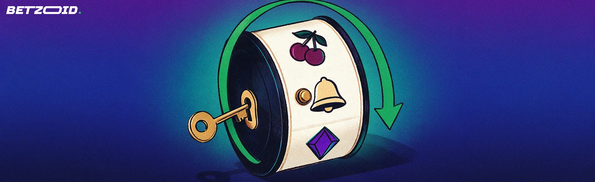 Illustration d'un rouleau de machine à sous avec symboles de jeu, entouré d'une flèche de rotation verte, une clé tournant dans une serrure sur le côté.