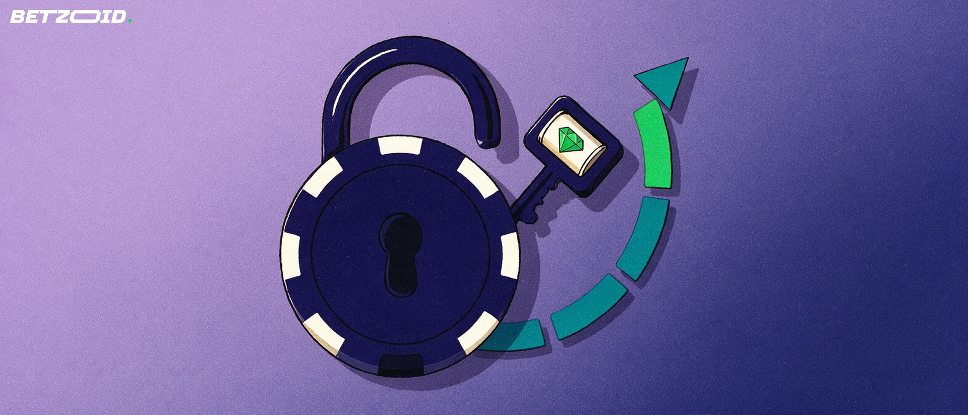 Illustration d'un cadenas en forme de jeton de casino s'ouvrant avec une clé à tête de rouleau, devant un anneau de progression partiellement rempli.