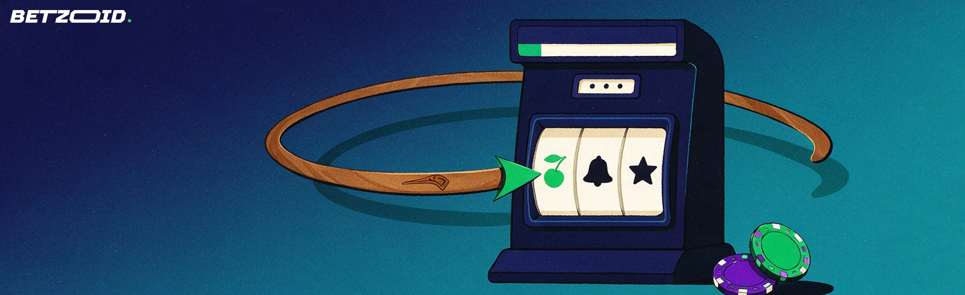 Illustration d'une machine à sous à trois rouleaux dont la flèche de rotation est un boomerang qui revient vers les rouleaux.