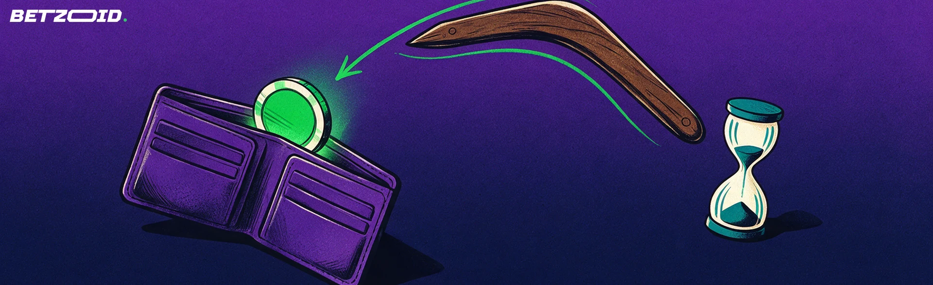 Illustration d'un portefeuille libérant un jeton de casino qui suit la trajectoire d'un boomerang et revient, à côté d'un sablier.