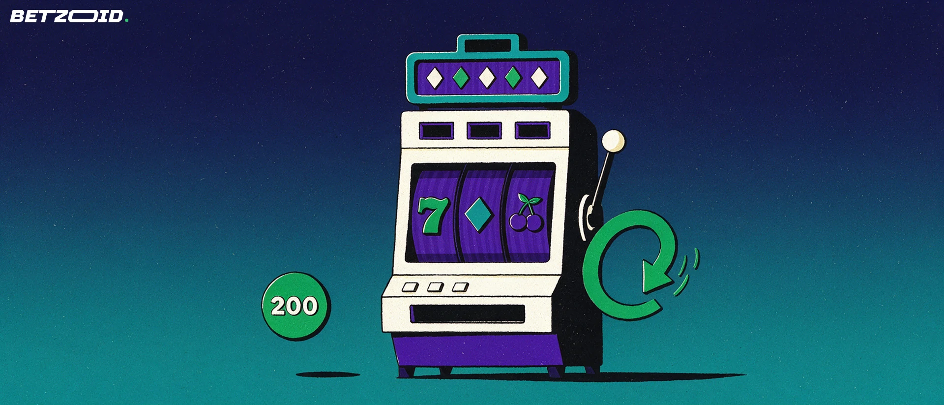 Illustration d'une machine à sous à trois rouleaux avec une flèche de rotation verte et un badge portant le nombre 200.