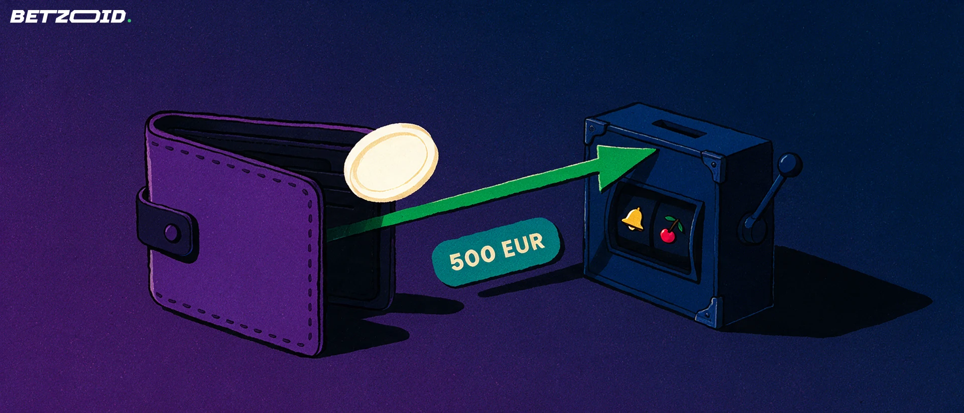Illustration d'un portefeuille violet dont une pièce suit une flèche verte vers la fente d'une machine à sous, avec un badge indiquant 500 EUR.
