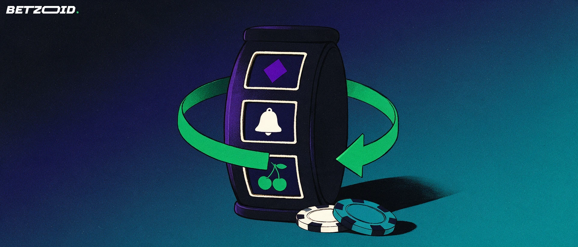 Illustration d'un tambour de machine à sous avec trois symboles et une grosse flèche circulaire indiquant la rotation, accompagné de deux jetons.