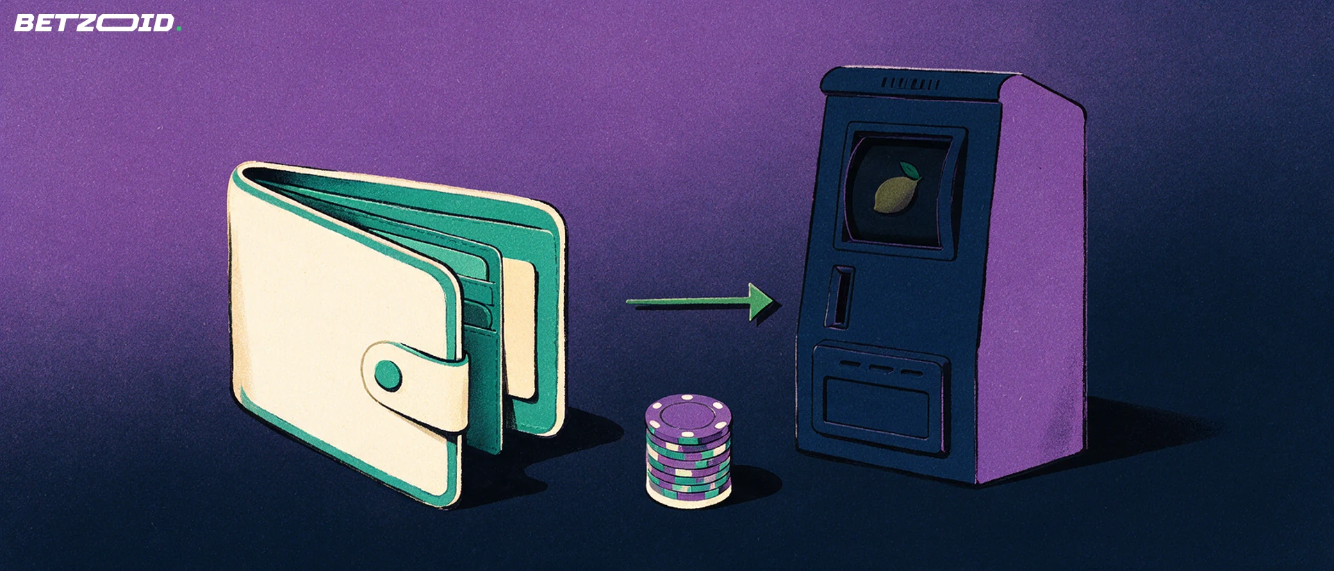 Illustration d'un portefeuille relié par une flèche à la fente d'une machine à sous, avec un jeton de casino entre les deux.