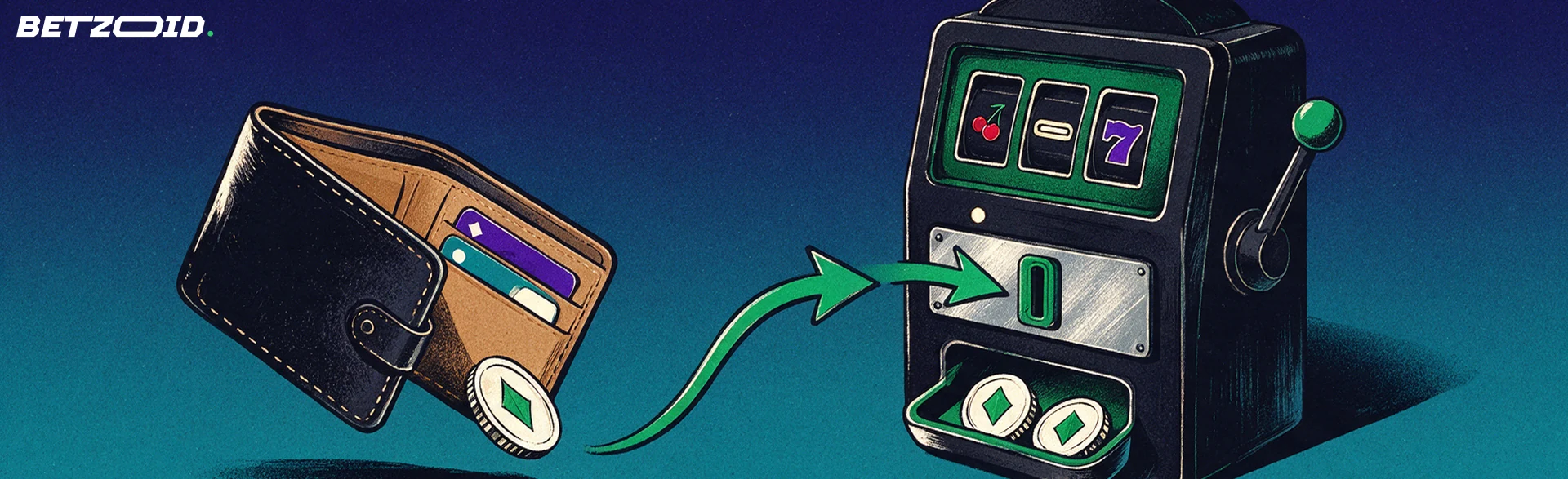 Illustration d'un portefeuille glissant un jeton dans une machine à sous, avec une flèche qui double le jeton déposé.